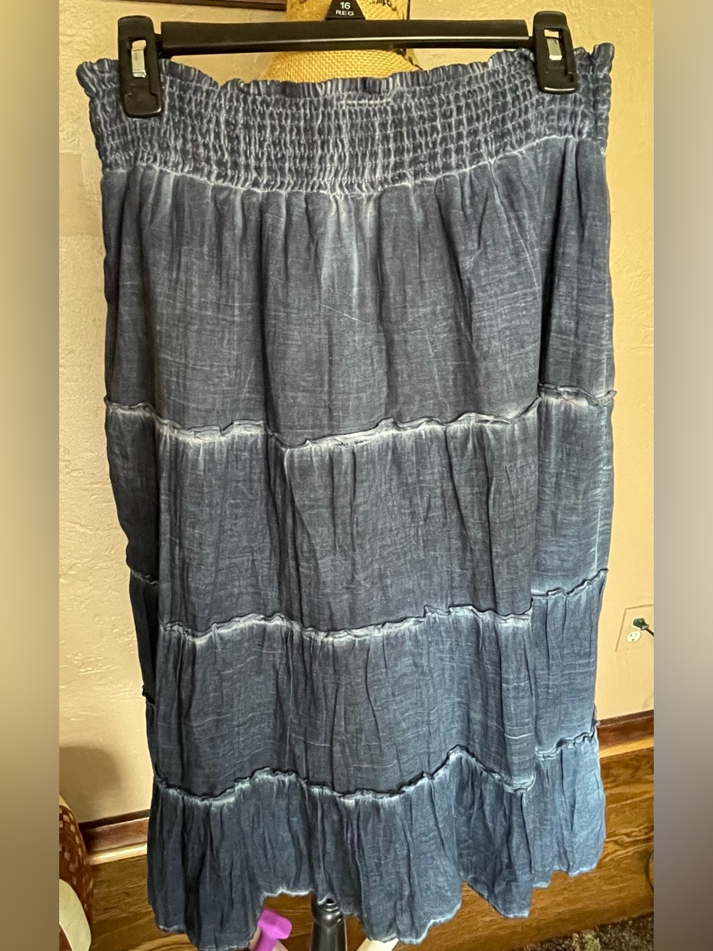 Style & Co. Washed Blue Smocked Denim style Tiered Maxi Skirt 100% Cotton S/M